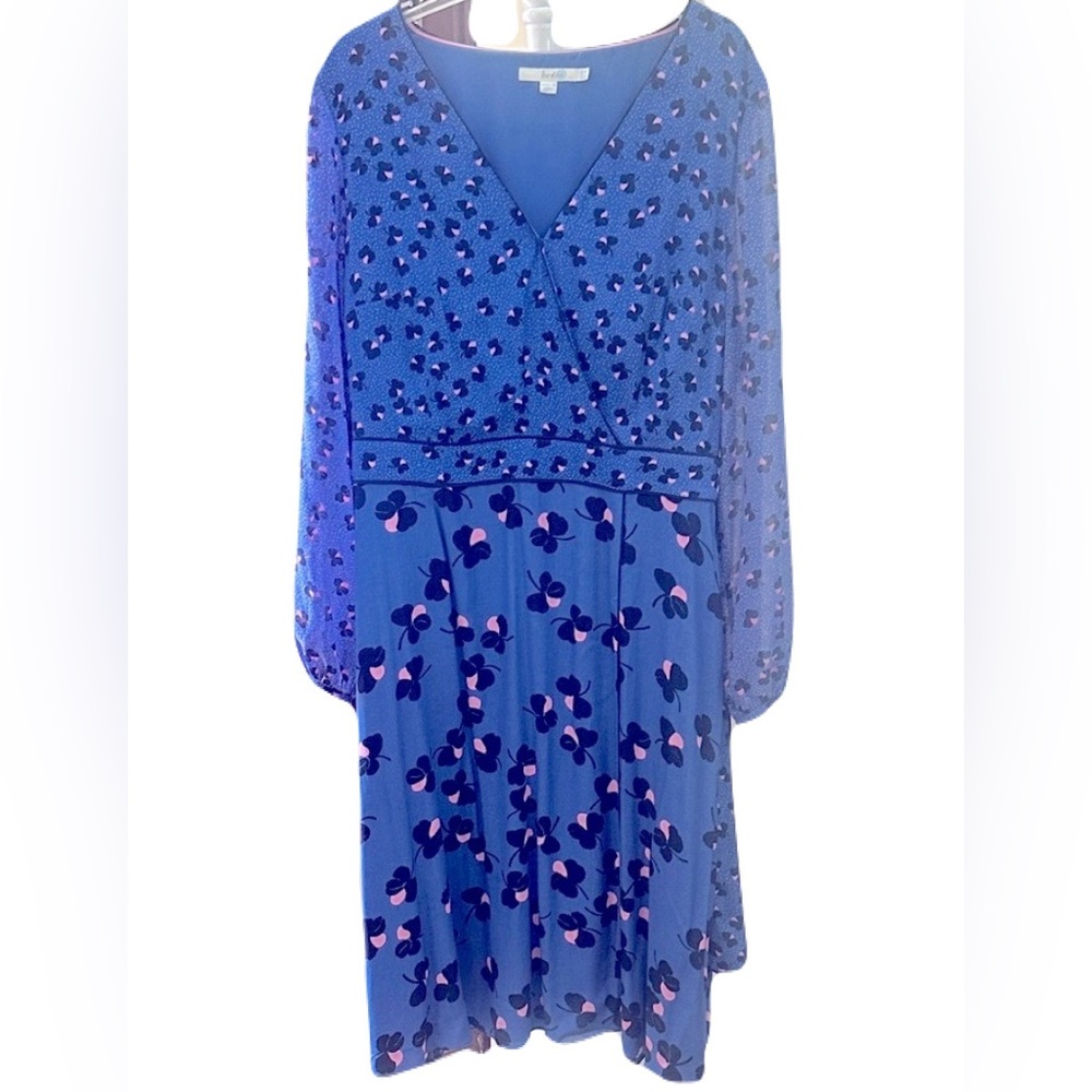 EUC 14L Boden Blue and Pink Long Sleeve Dress Sheer Sleeves Faux Wrap